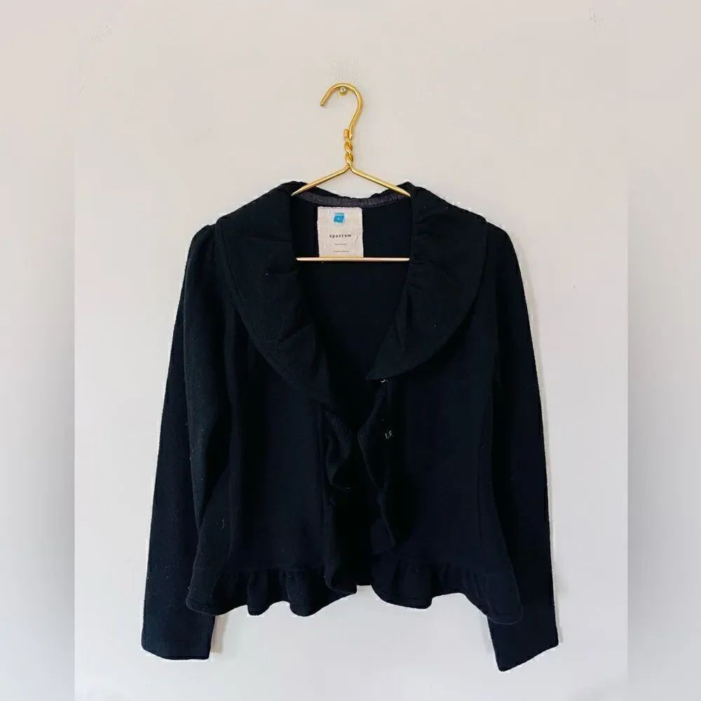 Sparrow | anthropologie | black ruffle collar wool cardigan sweater